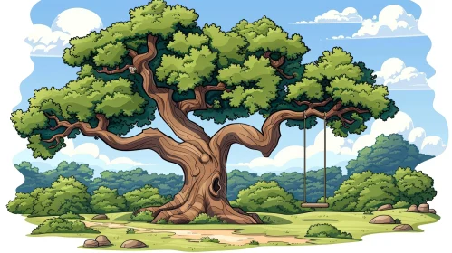 Large Oak Tree Cartoon Illustration
