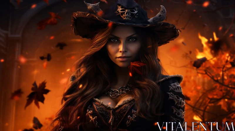 Powerful Witch in Fiery Autumn Scene AI Image