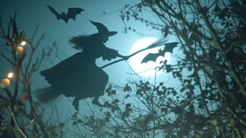 Spooky Witch Silhouette on Broomstick Against Full Moon