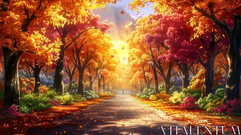 AI ART Tranquil Fall Landscape with Colorful Foliage and Sunlight