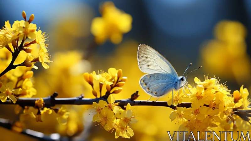 Blue and White Butterfly on Yellow Flowers - Close-up Nature Shot AI Image