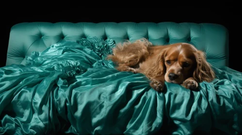 Brown and White Cocker Spaniel Dog on Green Silk Bed