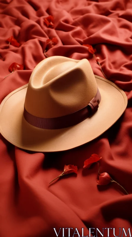 Brown Fedora Hat on Red Silk Background AI Image