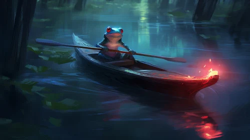 Frog Rowing Boat in Swamp Digital Painting
