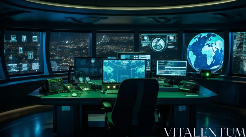 Futuristic City View Control Room Interior AI Image