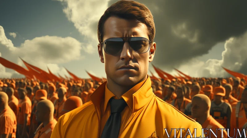 Man in Yellow Suit and Sunglasses Facing Crowd AI Image