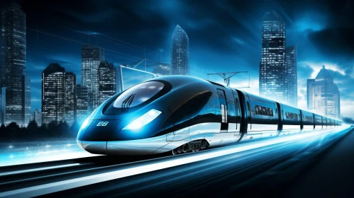 Night Cityscape: High-Speed Train in Blue and Silver
