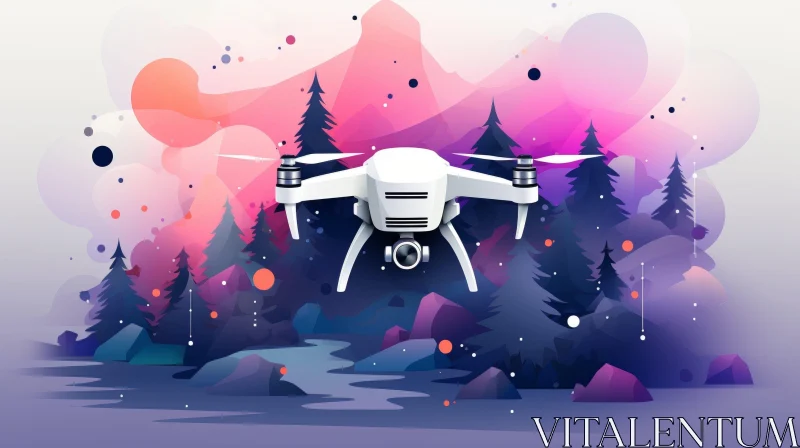 White Drone Flying in Forest Illustration AI Image