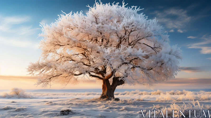 AI ART Winter Tree in Snow-Covered Field
