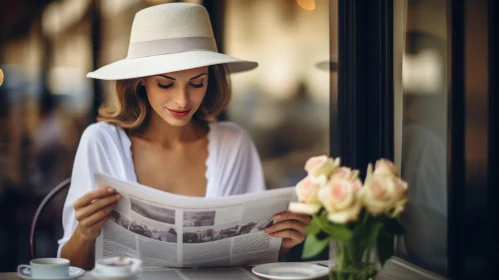 Young Woman Reading Newspaper at Cafe Table