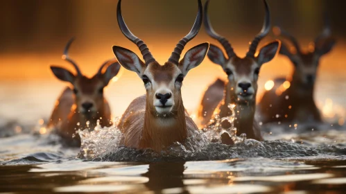 Antelopes Running in Water at Sunset