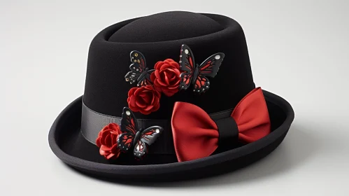 Chic Black Hat with Red Ribbon, Roses, and Butterflies