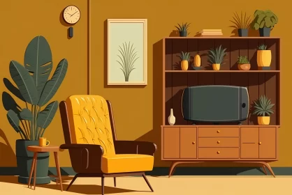 Colorful Retro Flat Design: Vintage Living Room with Retro Furniture
