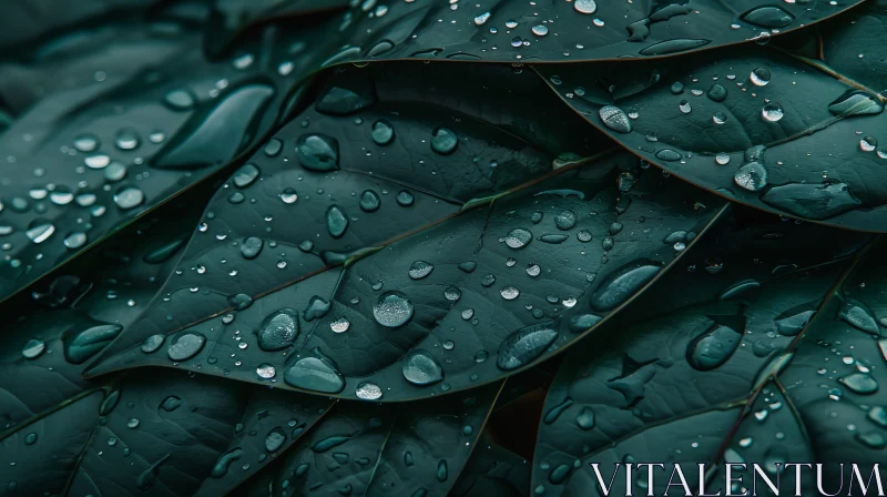 Dark Green Leaf with Raindrops - Close-up Nature Photography AI Image