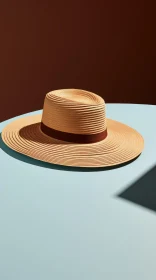 Elegant Straw Hat on Blue Table
