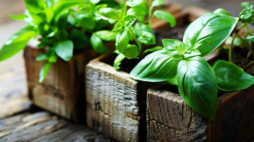 Green Basil Plants on Wooden Table - Natural Light Photography