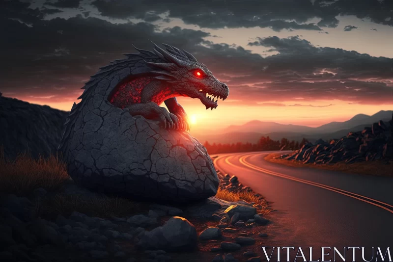 Realistic Fantasy Art: Dragon on Desert Road AI Image
