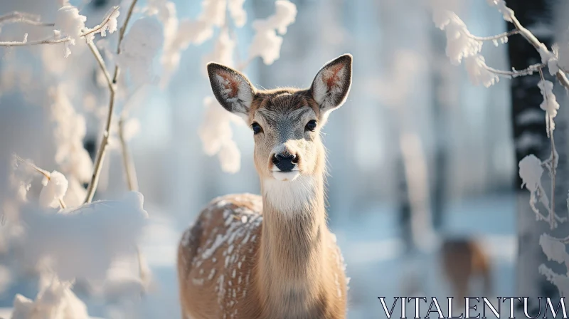 Snowy Forest Deer in Sunlight AI Image