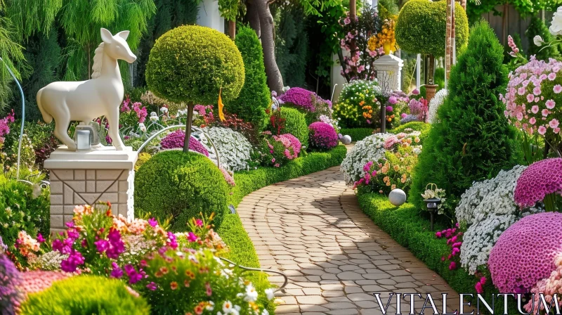 AI ART Tranquil Garden Path with Flowers and Horse Statue