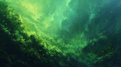 Tranquil Underwater Scene with Green Tint and Sunlight Sparkle