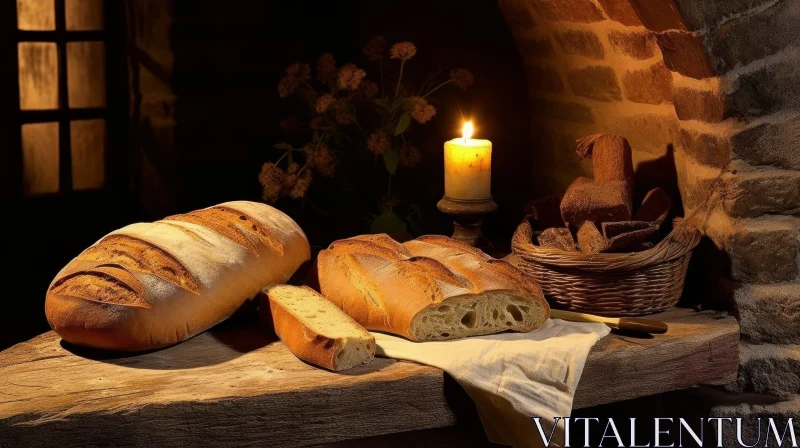 Warm Glow Still Life: Bread, Knife, Candle on Wooden Table AI Image