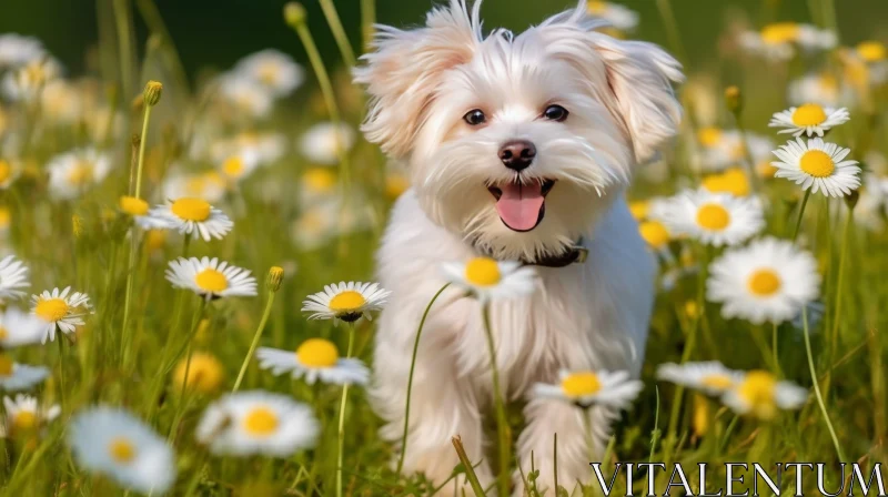 White Dog Running in Field of Daisies AI Image