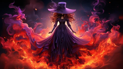 Woman in Purple Dress in Fiery Background