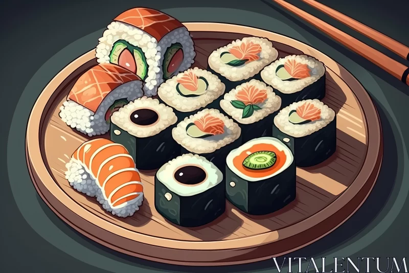 AI ART Wooden Plate with Sushi and Chopsticks - High-Contrast Shading Illustration