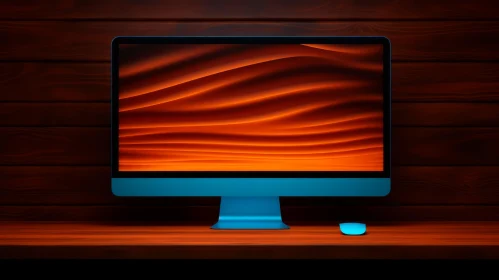 Blue Desktop Computer on Wooden Table with Orange Waves Screensaver