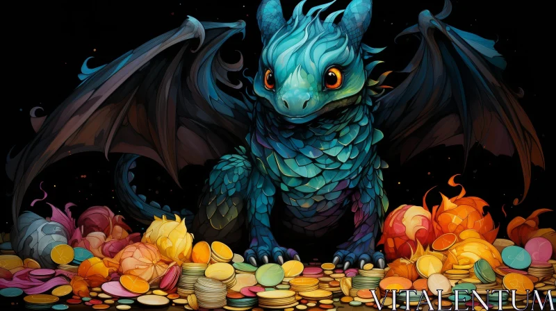Blue Dragon on Gold Coins - Fantasy Digital Art AI Image