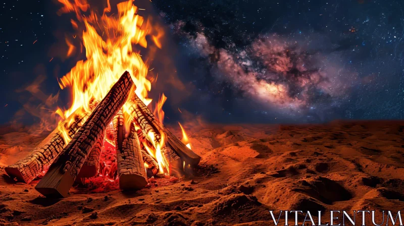 Bonfire in Desert at Night | Starry Sky | Nature Photography AI Image