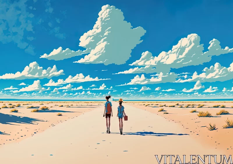 Charming Anime Illustration: Two People Walking on a Desert Path AI Image