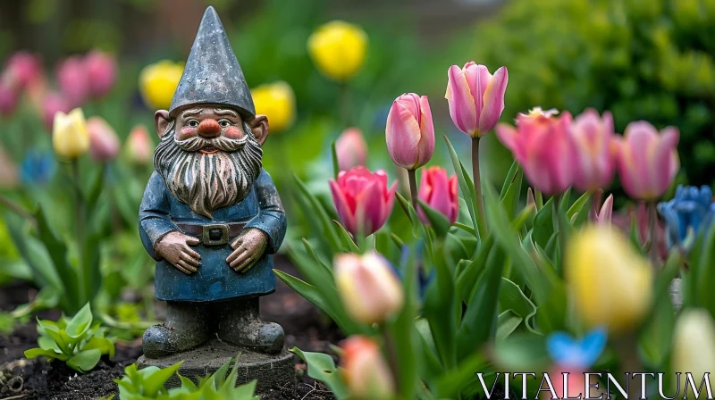 Cheerful Garden Gnome in Colorful Flower Bed AI Image