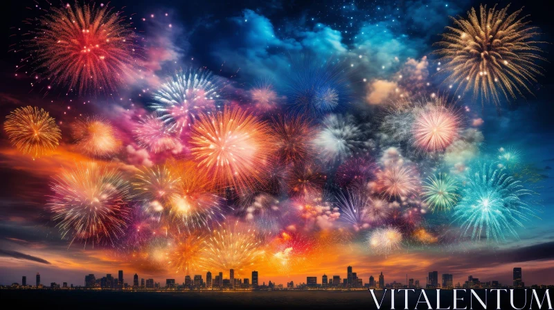 AI ART Colorful Fireworks Night Skyline in City