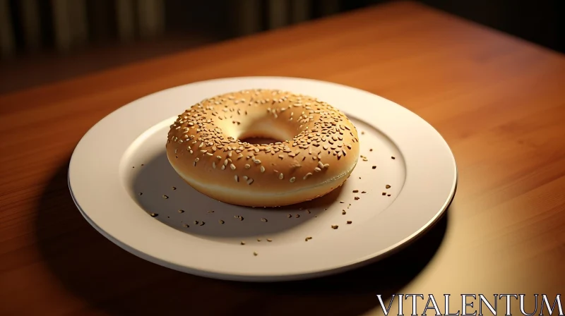Delicious Sesame Bagel on White Plate AI Image