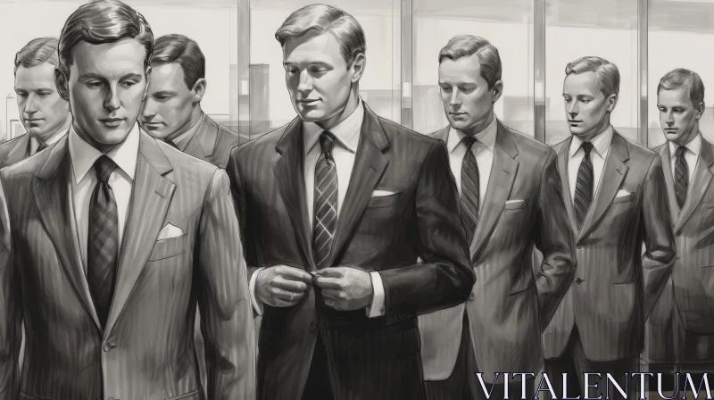 Elegant Monochromatic Painting of Six Men in Suits AI Image