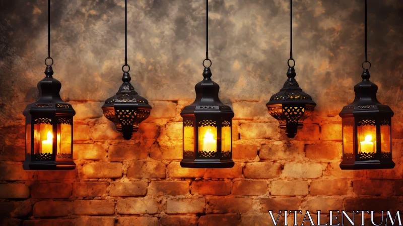 Intricate Moroccan Lanterns on Brick Wall AI Image