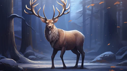 Majestic Elk in Snowy Forest - Digital Painting