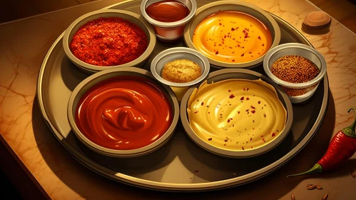 Metal Tray with Sauces and Spices on Wooden Table