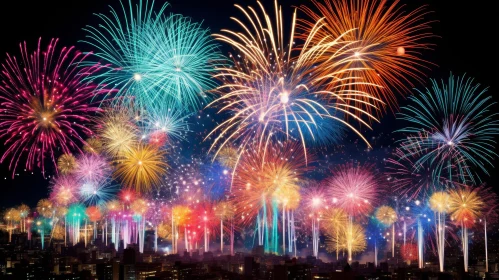 Night Cityscape with Colorful Fireworks Display