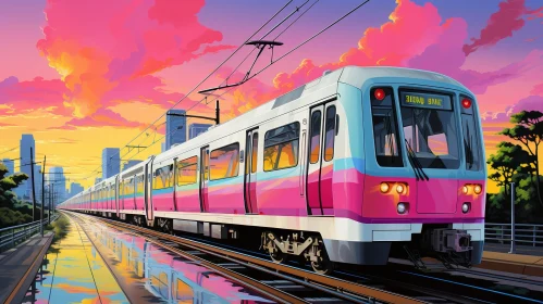 Pink and White Train on Bridge at Sunset
