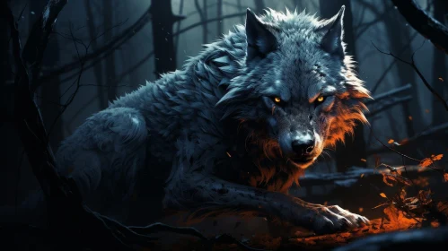 Powerful Wolf in Dark Forest Digital Painting