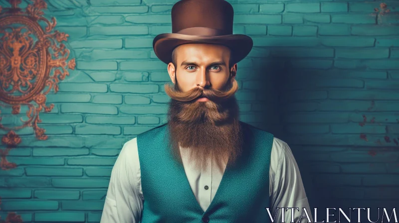 Serious Man with Brown Beard and Top Hat Against Blue Brick Wall AI Image