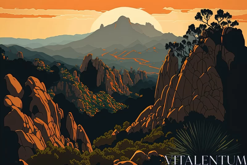 Vibrant Illustration of a Mountain in the Desert with Trees and Rocks AI Image