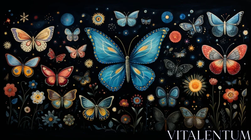 Colorful Butterflies and Flowers on Dark Background AI Image