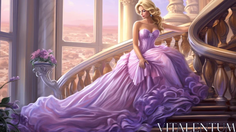 Elegant Woman in Purple Dress on Staircase AI Image