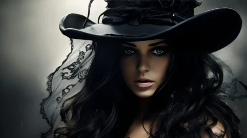 Intense Woman Portrait in Black Hat and Dress