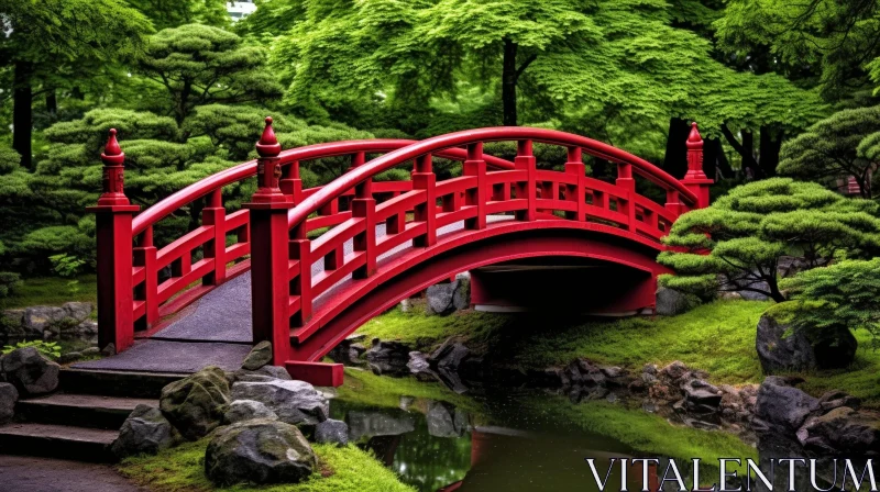 Red Wooden Bridge in Japanese Garden - Serene Nature Scene AI Image