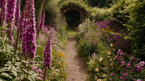 Tranquil Garden with Stone Archway and Colorful Flowers