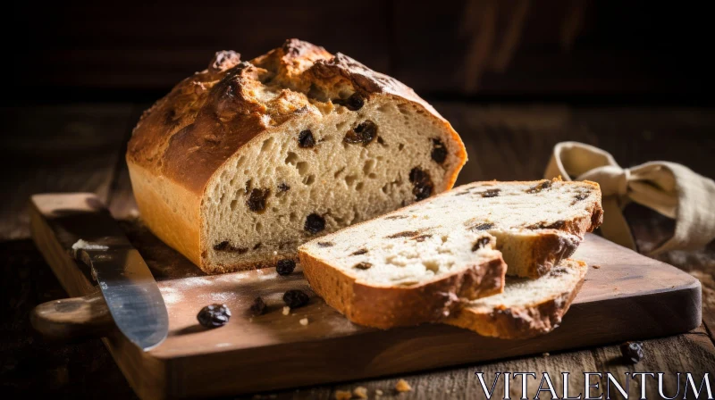 Delicious Freshly Baked Bread with Raisins on Wooden Cutting Board AI Image